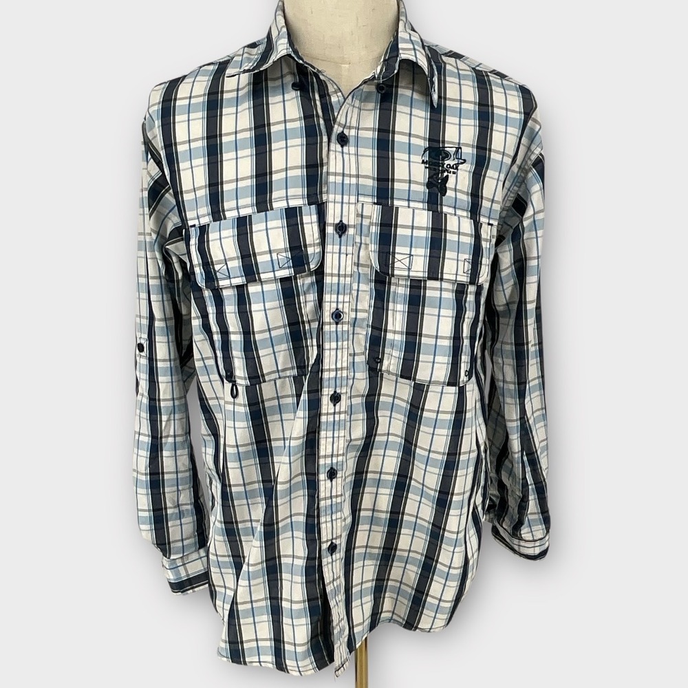 Mossy Oak Fishing Plaid Long Sleeve Button Up Shirt Mens Medium Blue Breathable